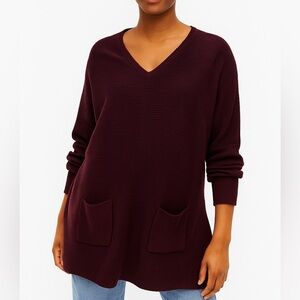 New York & Company Women’s Ribbed V-Neck Tunic Sweater with Pockets - Burgundy